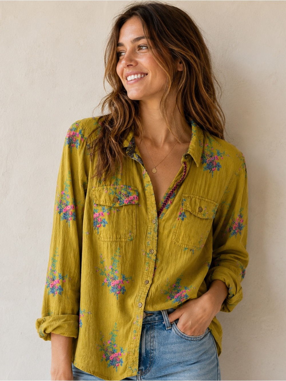 Sundance 100% Cotton Made in India Olive Green Floral Button-Down Shirt